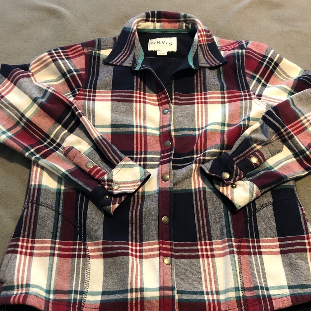 Orvis Women Flannel Snap Front Shacket Barn Chore Shirt Jacket Fleece Lined M/M